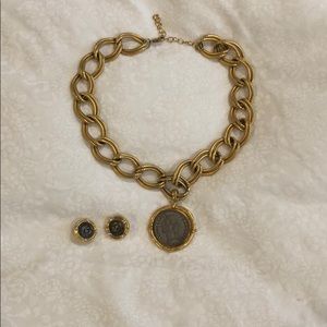 Gold tone, silver coin costume necklace & earrings